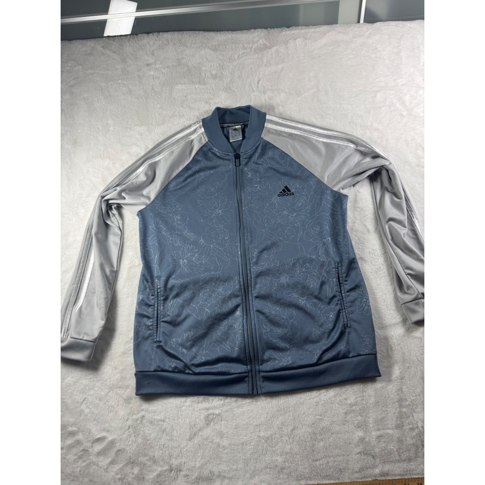 Adidas Embossed Print Track Jacket Full Zip Climalite Women's Blue Gray size XL